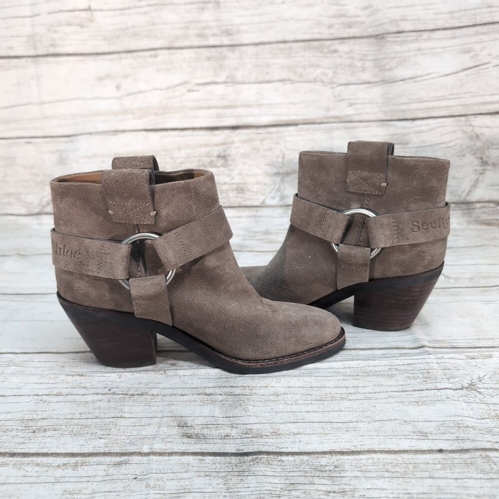 SEE BY CHLOE Eddie Harness Suede Booties Taupe Tan Size 37